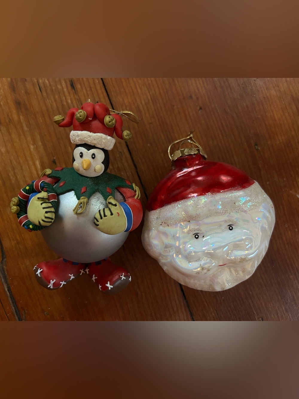 Vintage Holiday Penguin and Santa Glass Ornaments